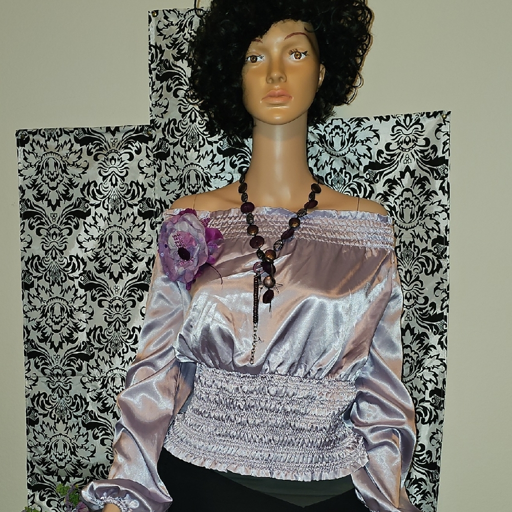 Chic Lavender Satin Off-Shoulder Blouse